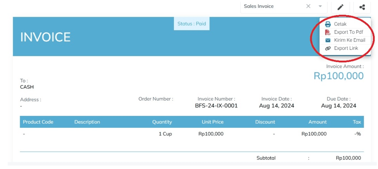 Contoh Invoice pada Zahir Accounting Bisa di kirim Secara Digital