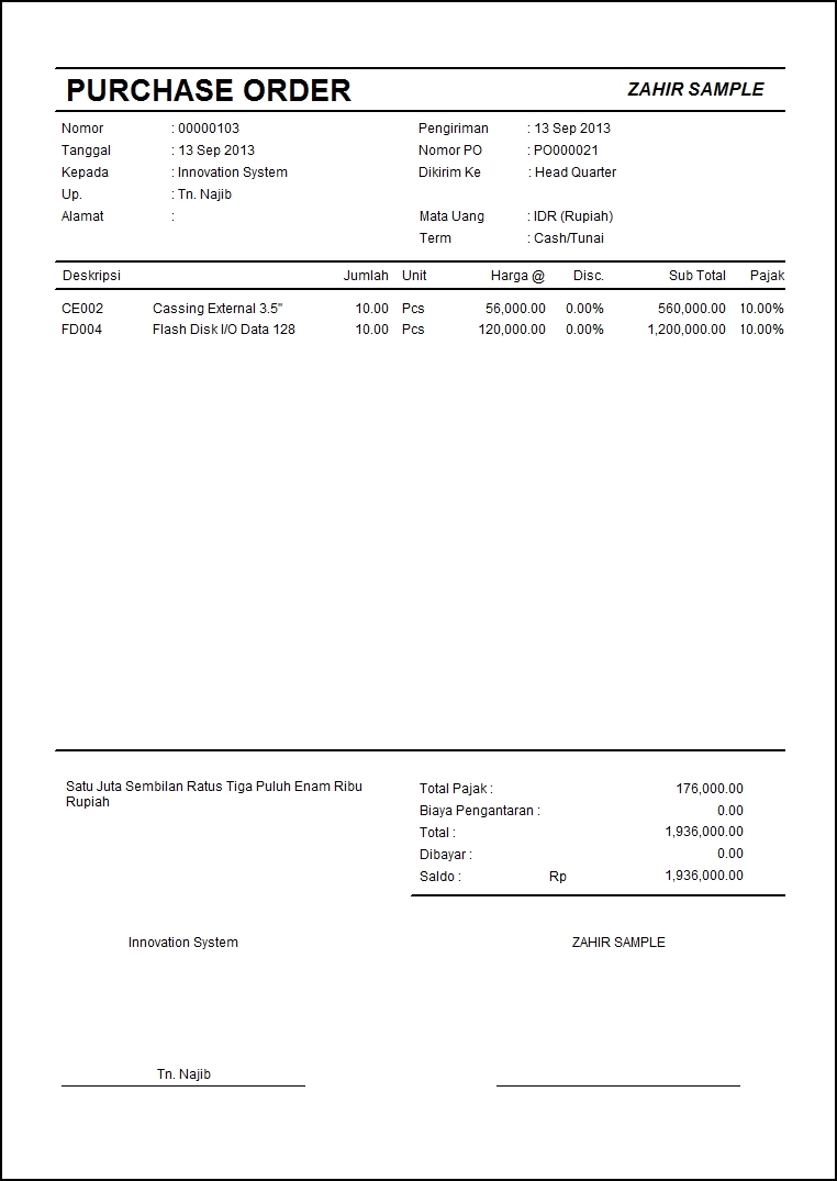 Contoh PO atau Purchase Order Adalah