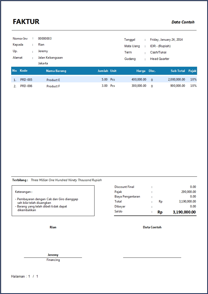 Contoh Invoice Penjualan